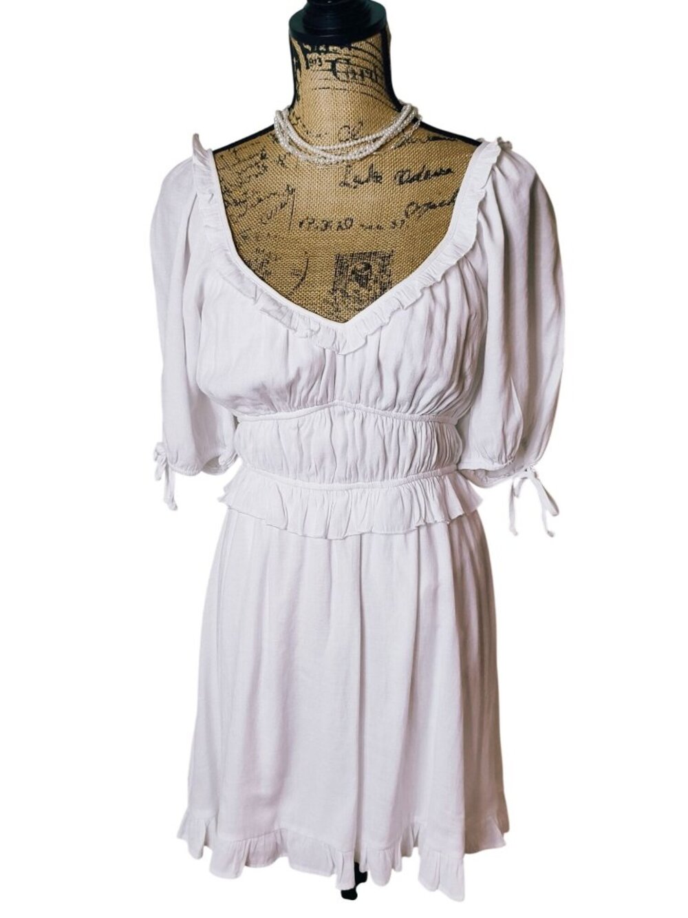 Trixxi S White Ruffled Mini Dress Puff Sleeves Empire Waist Tie Details Fairycor